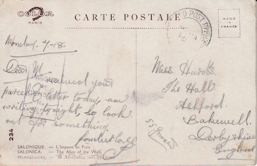 Postcard (reverse): Salonica 234 - The Alley of the Well - sent 7 January 1918