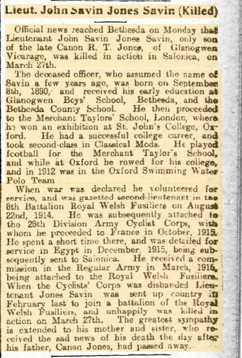 Newspaper cutting: The death of Lt John Jones Savin in Salonika, reported in The North Wales Chronicle and Advertiser for the Principality, 5th April 1917.