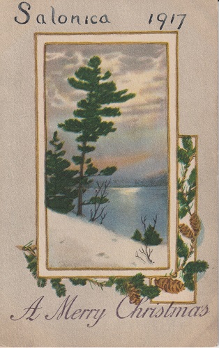 A Christmas postcard from Salonica, 1917, showing a winter scene.