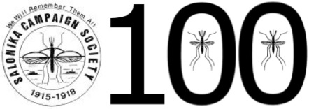 Salonika Campaign Society logo with 100 in numbers and mosquitoes in the noughts