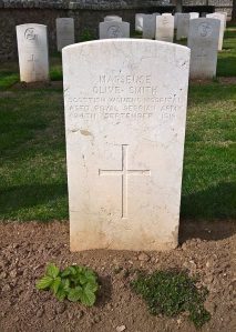 Photograph of the grave of Olive Smith of the Scottish Women's Hospitals who died of malaria on 24 September 1916 whilst attached to the Royal Serbian Army. The grave is in the CWGC Salonika (Lembet Road) Cemetery, which is part of the Allied Cemetery in Thessaloniki, known as Zeitenlik. The photograph was taken by SCS Web Editor in April 2016.