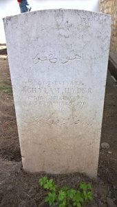 Photograph of the grave of 1362 Private Ghylam Hyder of the Indian Mule Corps who died on 21 January 1916. The grave is in the CWGC Salonika (Lembet Road) Cemetery, which is part of the Allied Cemetery in Thessaloniki, known as Zeitenlik. The photograph was taken by SCS Web Editor in April 2016.