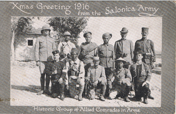 Christmas postcard from 1916 - Christmas Greeting 1916 from the Salonica Army. Historic Group of Allied Comrades in Arms.