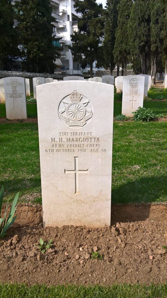Photograph of the grave of Serjeant Michael Margiotta, ACC, at Lembet Road CWGC Cemetery who died of dysentery on 6 October 1918. Photo by Robin Braysher, SCS Web Editor.