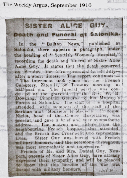Press cutting from 'The Weekly Argus' of 2nd September 1916 about the death and funeral of Sister Alice Guy. Thanks to Andrew Hemmings and the South Wales Argus for this.