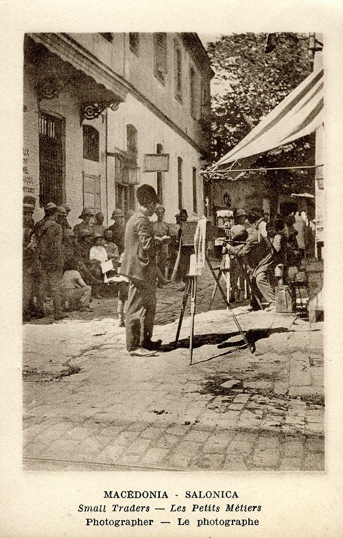 A postcard from 1915-1918 showing local photographers in Salonika, snapping members of the allied forces in the city. Thanks to these photographers - some of the thousands of small traders who saw the troops as a great business opportunity - there are many images of members of the BSF and its allies in circulation and available to buy, although most are anonymous. This postcard is from the collection of Martin and Kate Wills and is reproduced with thanks to them.