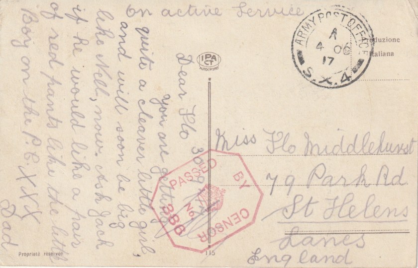 Reverse of a postcard sent by 'Dad' in September 1917 to Flo Middlehurst in St Helens, Lancashire