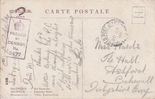 Postcard (reverse): Salonica 238 - Kassandra Street - sent 19 January 1918