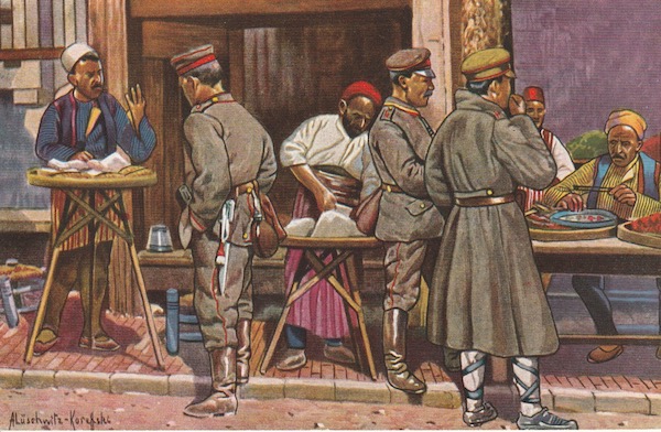 Colour German postcard showing German and Bulgarian soldiers at Skopje's market.