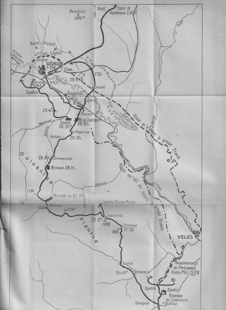 A map showing the continuation of the advance of the Brigade Jouinot-Gambetta to Uskub (Skopje), 25-29 September 1918.