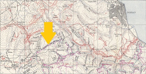 Extract from a British 1:20,000 trench map of July 1917 showing the Doiran battlefield. From the SCS Trench Map DVD.