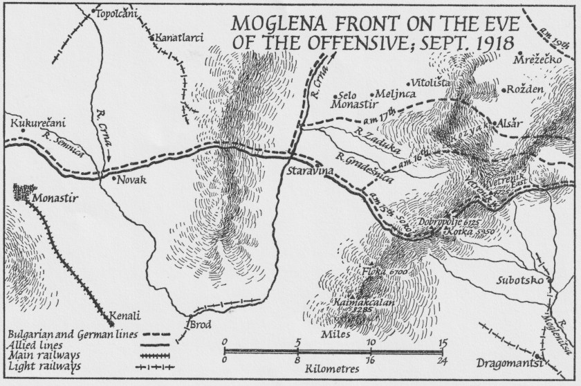 Moglena Front on the Eve of the Offensive, Sept. 1918; from Alan Palmer's 'The Gardeners of Salonika' (Andre Deutsch, 1965).