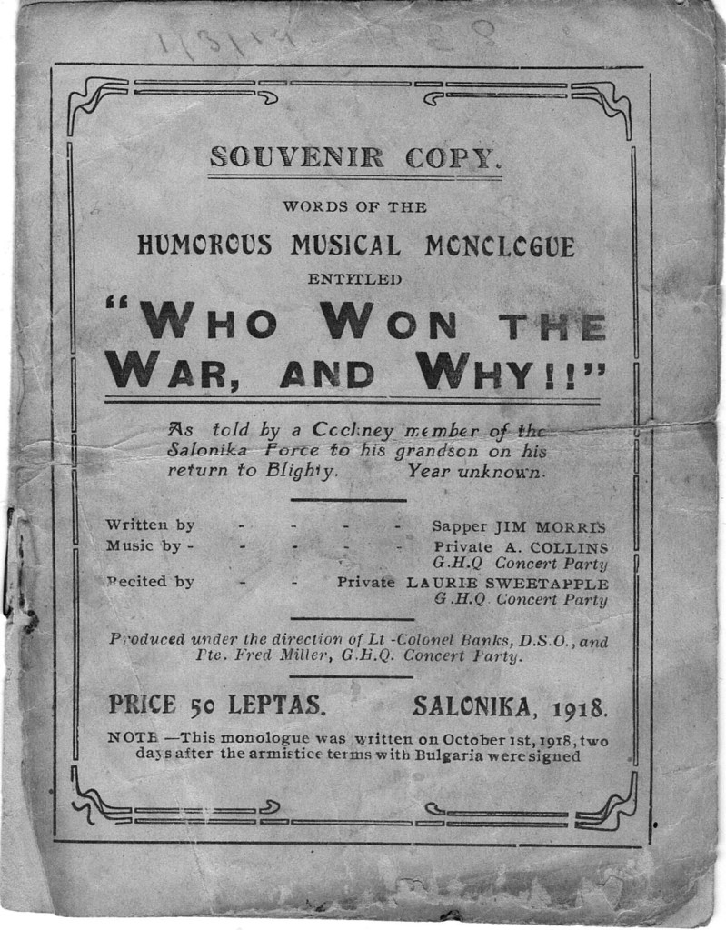 Humorous Musical Monologue - "Who Won The War, And Why!!" Salonika, 1918. From the collection of Kelvin Dakin.
