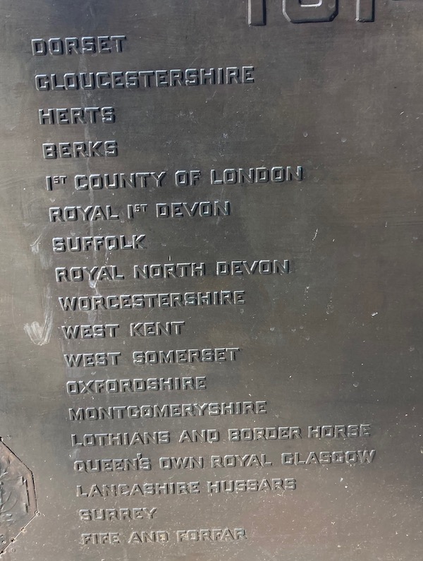 Plaque listing the Yeomanry regiments which served in the First World War.