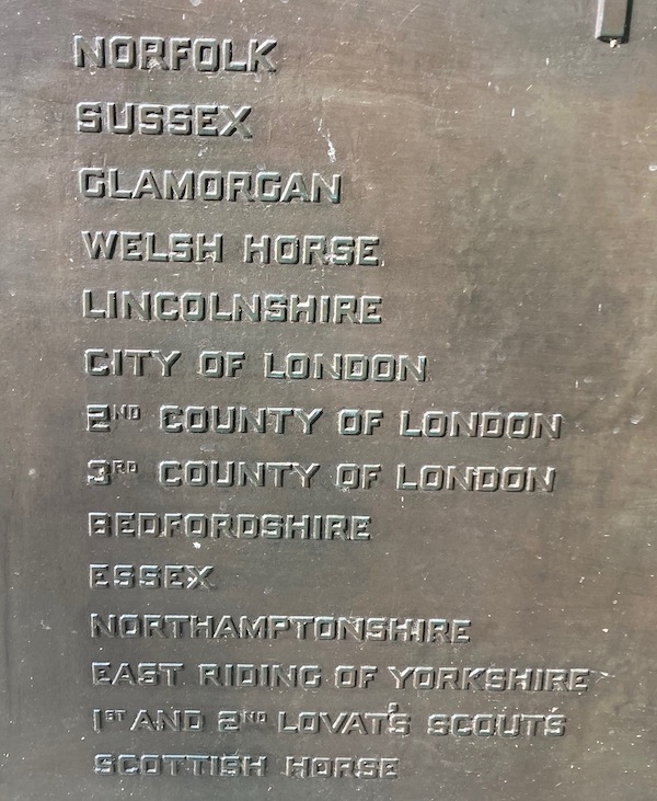 Plaque listing the Yeomanry regiments which served in the First World War.