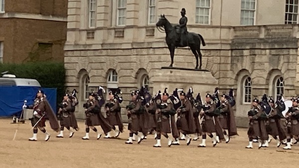 Pipes and Drums of the London Scottish on Horseguards Parade at a military musical spectacular, July 2025.
