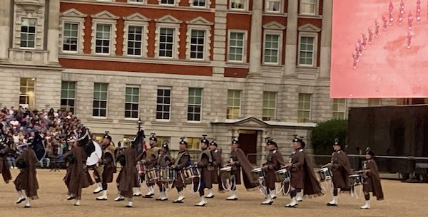 Pipes and Drums of the London Scottish on Horseguards Parade at a military musical spectacular, July 2025.