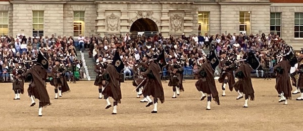 Pipes and Drums of the London Scottish on Horseguards Parade at a military musical spectacular, July 2025.