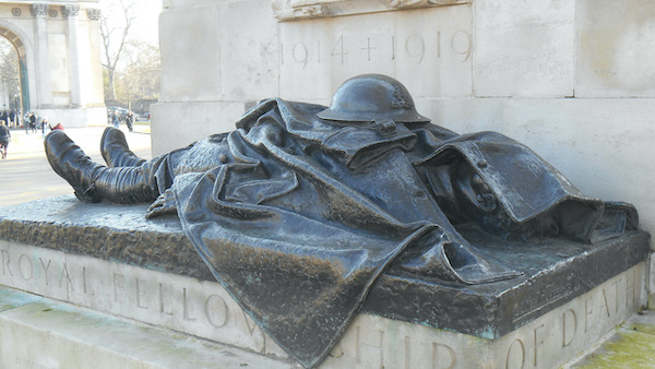 The Dead Gunner; a figure on the Royal Artillery Memorial (1914-19) at Hyde Park Corner, London. Photograph by the author.