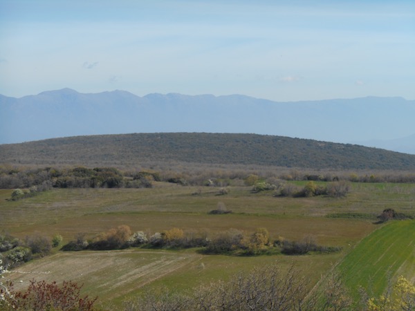 A photograph from the Doiran battlefield, showing the view from Castle Hill across to La Tortue. Taken in March 1916 by Robin Braysher.
