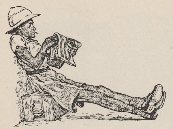 An illustration from "Salvoes from a Stone Frigate - A book of illustrated war verses" by Major J. S. Hicks (RM), published 1946.