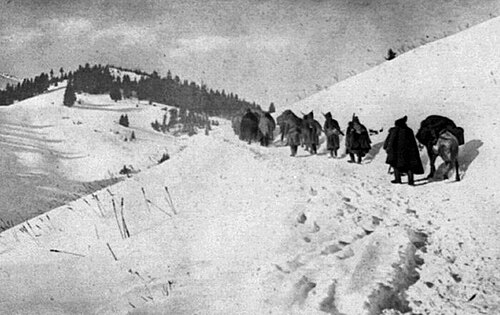 Serbian soldiers and pack animals crossing the Rugova Canyon near Peja during the Great Retreat.
