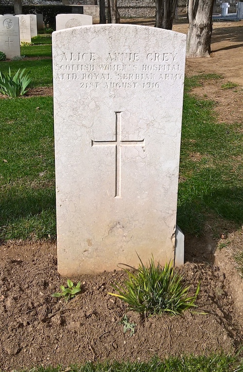 Photograph of the headstone of Alice Annie Grey of the Scottish Women's Hospital, in the CWGC Lembet Road Cemetery, Thessaloniki. She died on 21 August 1916. (Author's photo from April 2016)