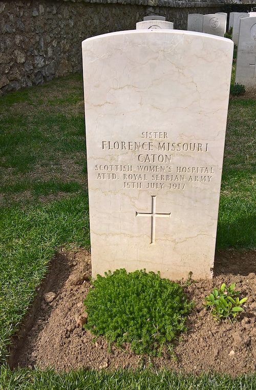 Photograph of the headstone of Sister Florence Missouri Caton of the Scottish Women's Hospital, in the CWGC Lembet Road Cemetery, Thessaloniki. She died on 15 July 1917 (author's photo from April 2016).
